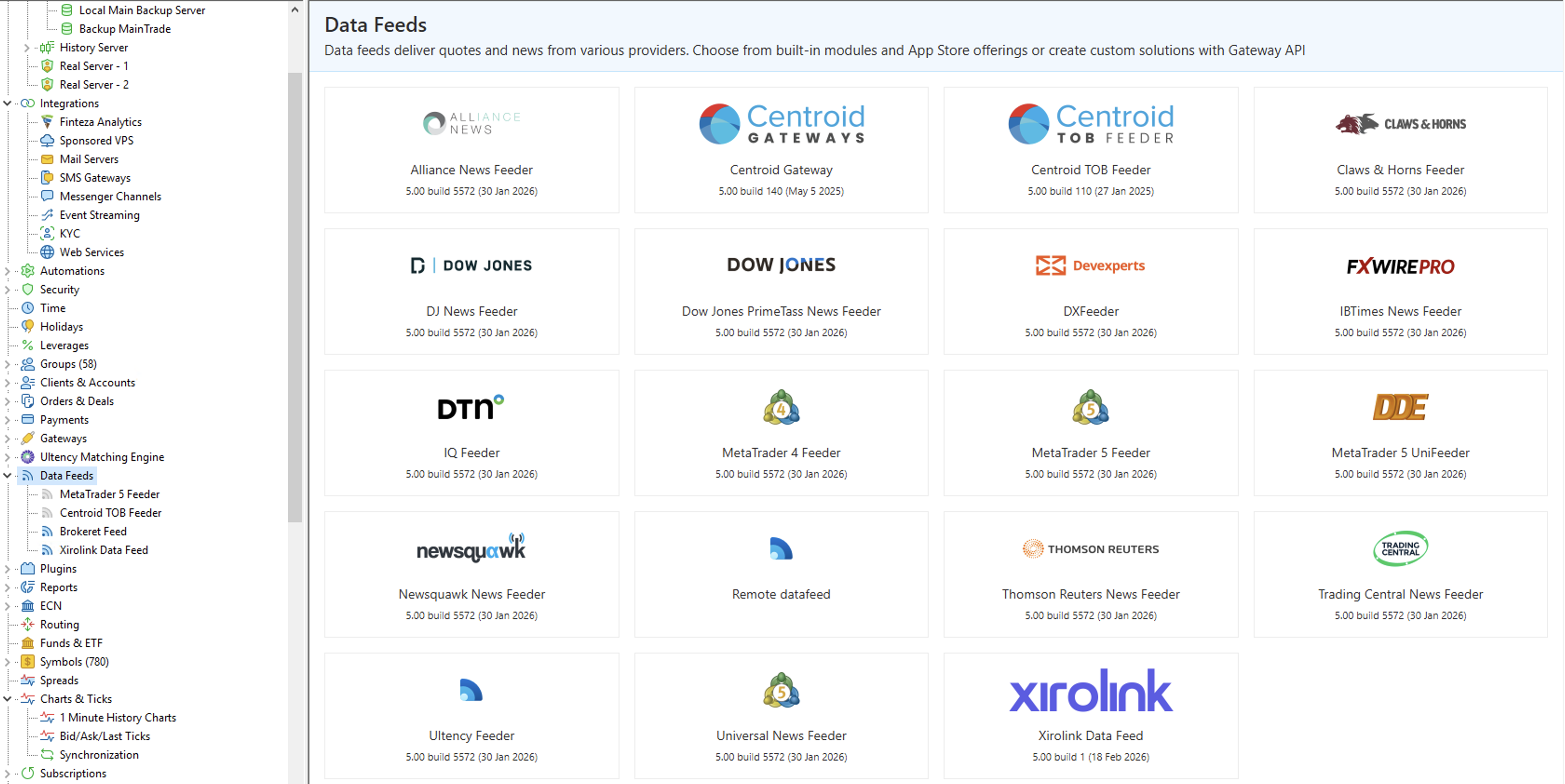 XiroLink Data Feed shown inside MetaTrader 5 Administrator alongside Dow Jones, Thomson Reuters, and other major providers